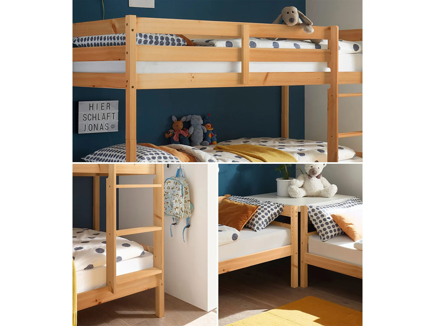 Litera de 140x97x207 cm de madera maciza de pino convertible en 2 camas en beige Martu