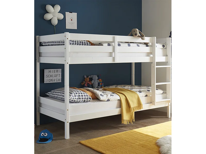 Litera de 140x97x207 cm de madera maciza de pino convertible en 2 camas en blanco Martu