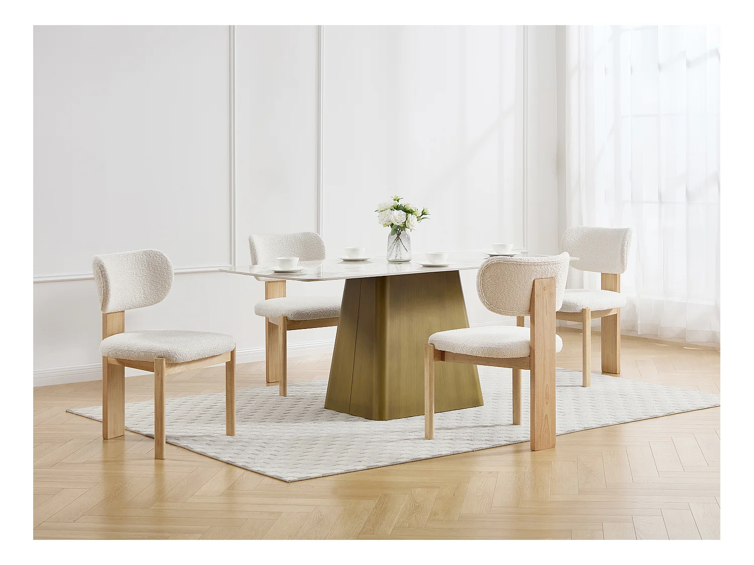 Set di 6 sedie in tessuto bouclé e in legno di hevea - Bianco - WILANA