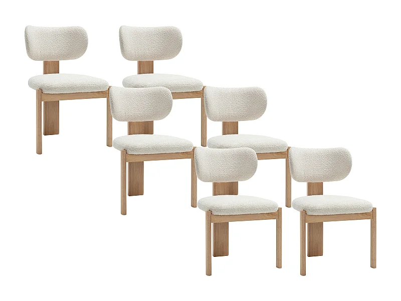 Lot de 6 chaises en tissu bouclette et bois d'hévéa - Blanc - WILANA