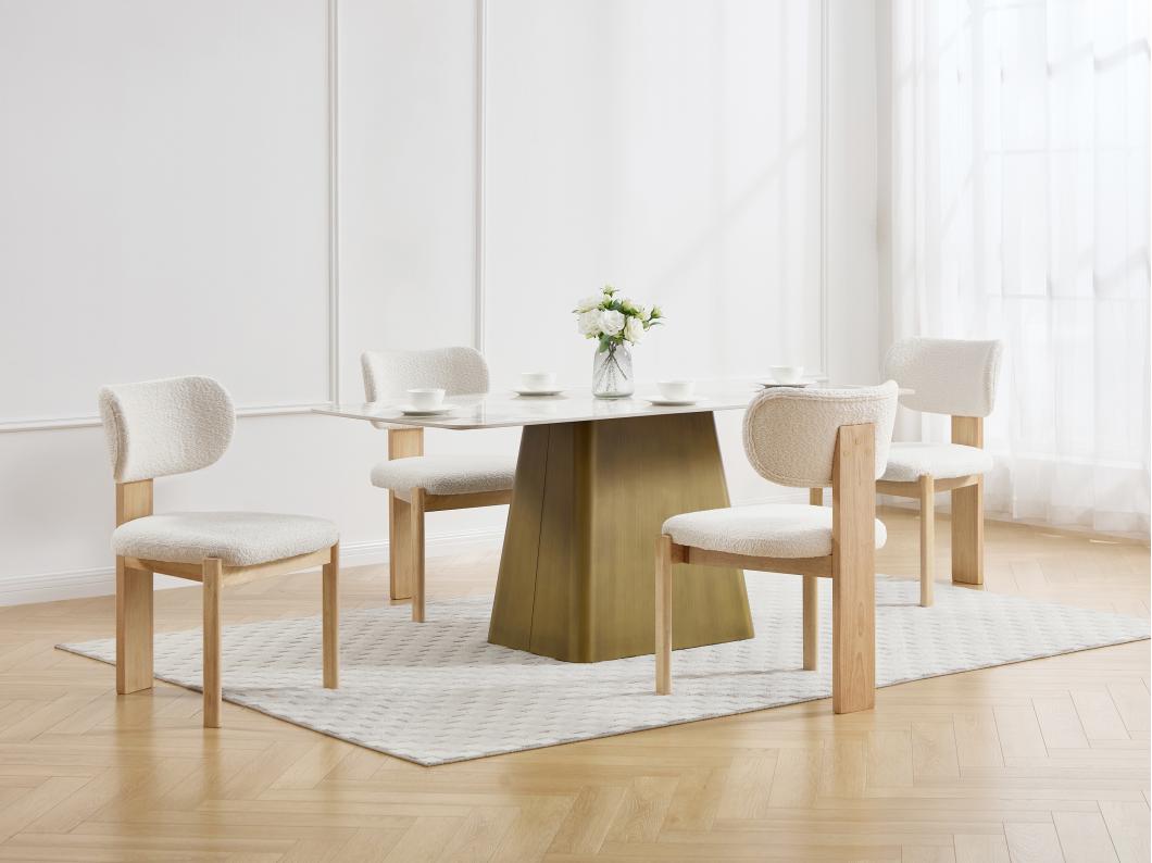 Lot de 6 chaises en tissu bouclette et bois d'hévéa - Blanc - WILANA