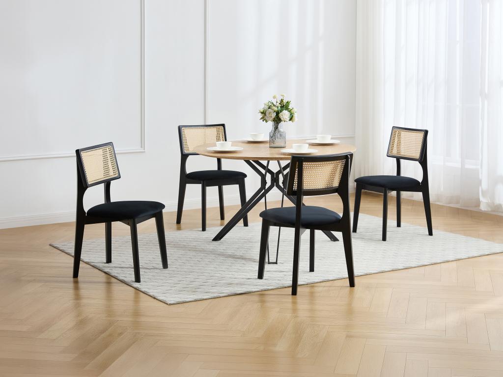 6er-Set Stühle - Samt - Rattaneffekt & Kautschukholz - Schwarz - CALENYA günstig online kaufen