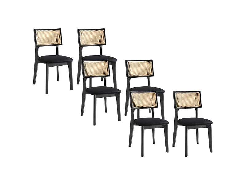 Lote de 6 sillas de terciopelo, efecto ratán y madera de hevea - Negro - CALENYA