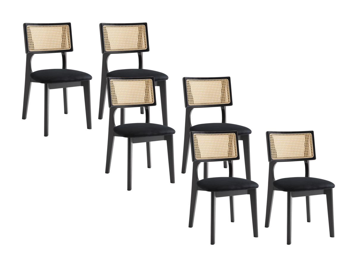 6er-Set Stühle - Samt - Rattaneffekt & Kautschukholz - Schwarz - CALENYA günstig online kaufen