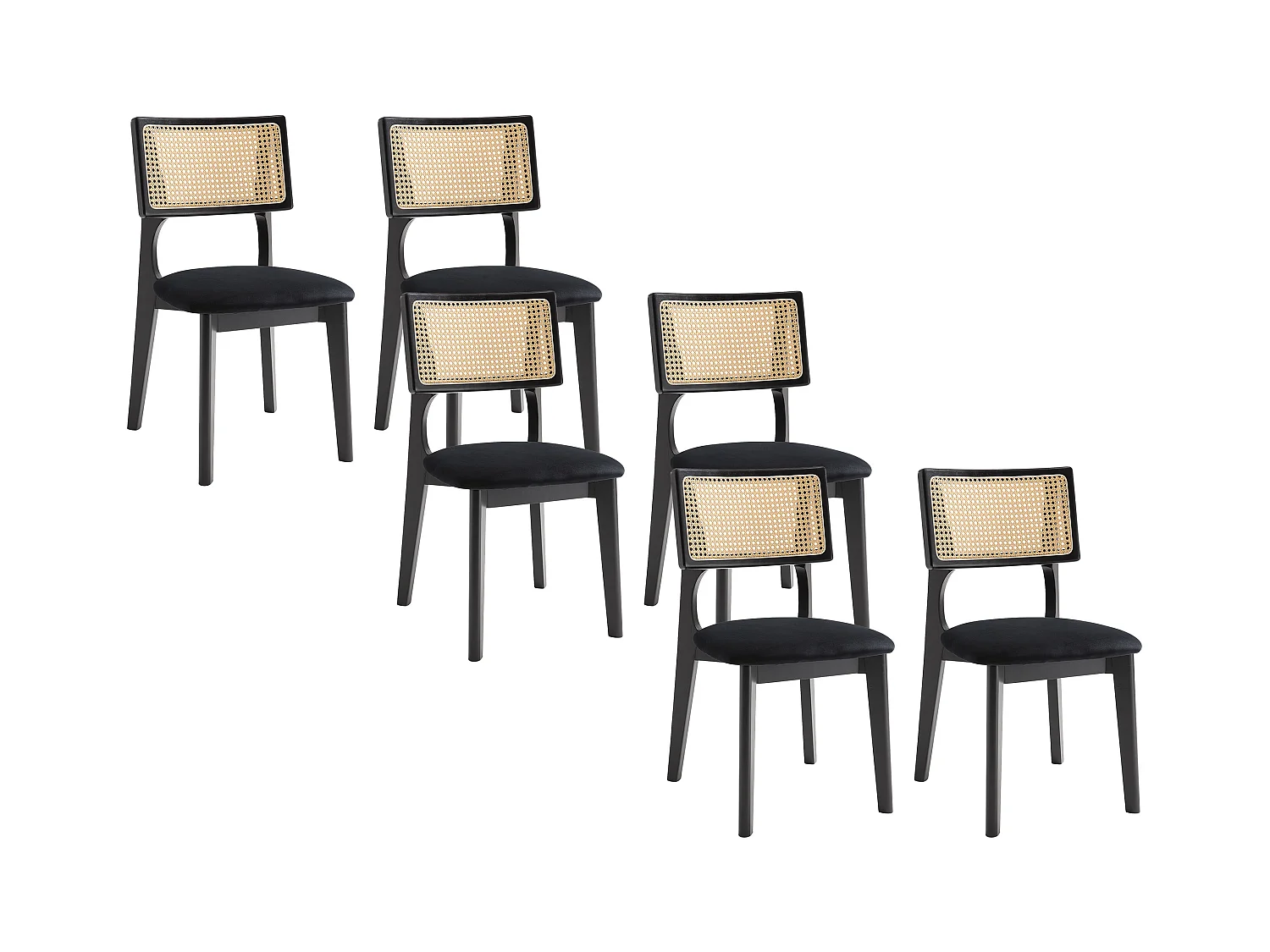 Lot de 6 chaises en velours, effet rotin et bois d'hévéa - Noir - CALENYA