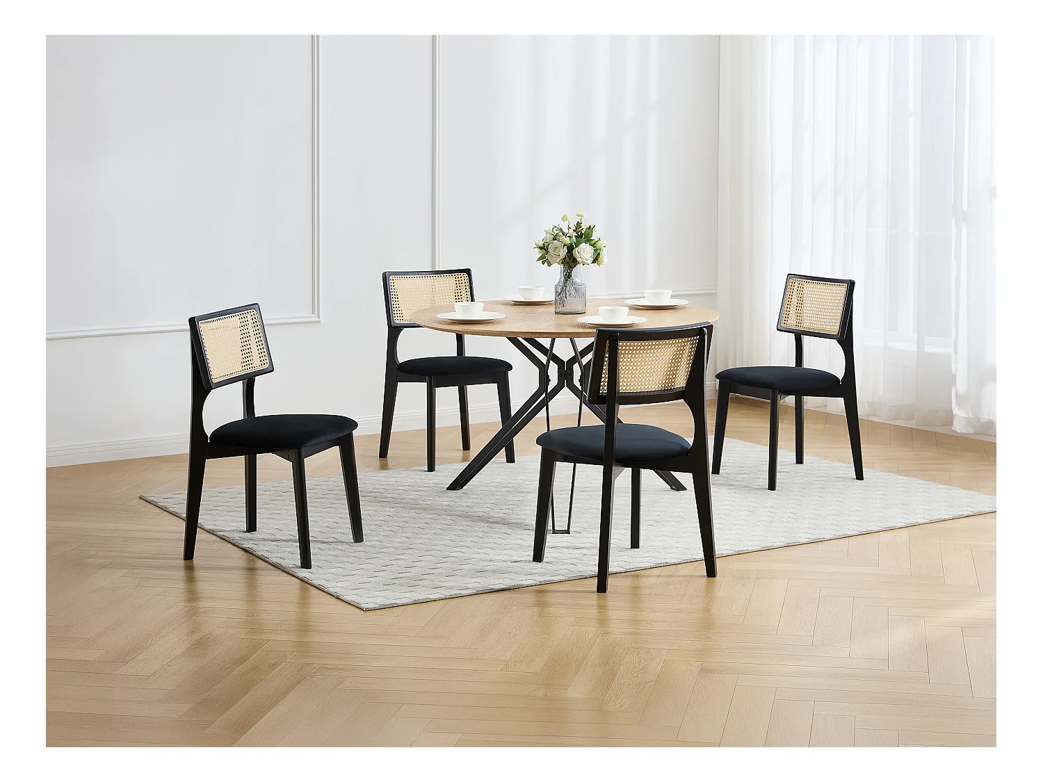 Lot de 6 chaises en velours, effet rotin et bois d'hévéa - Noir - CALENYA