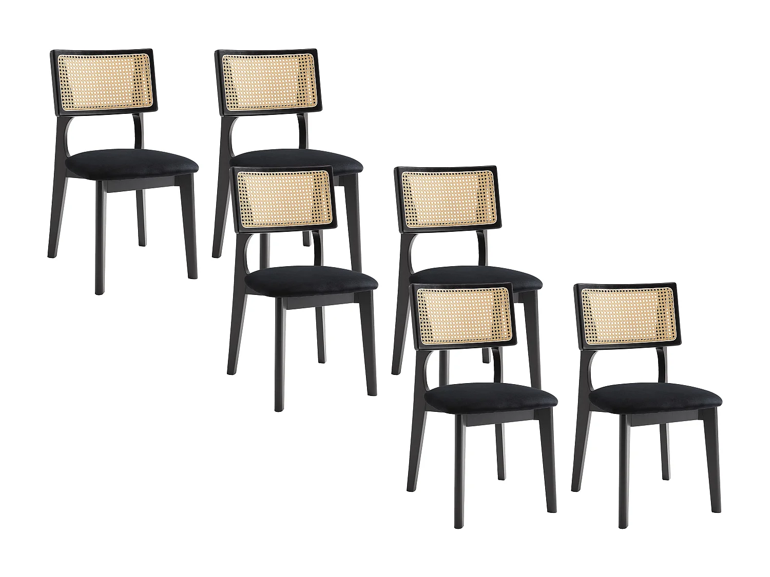 Sæt med 6 fløjlsortkamkso ræssfarvede fløjlsrattan-effekt og heveawodevare - Sort - CALENYA