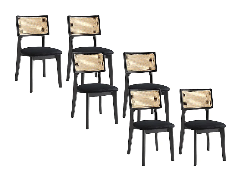 Lot de 6 chaises en velours, effet rotin et bois d'hévéa - Noir - CALENYA