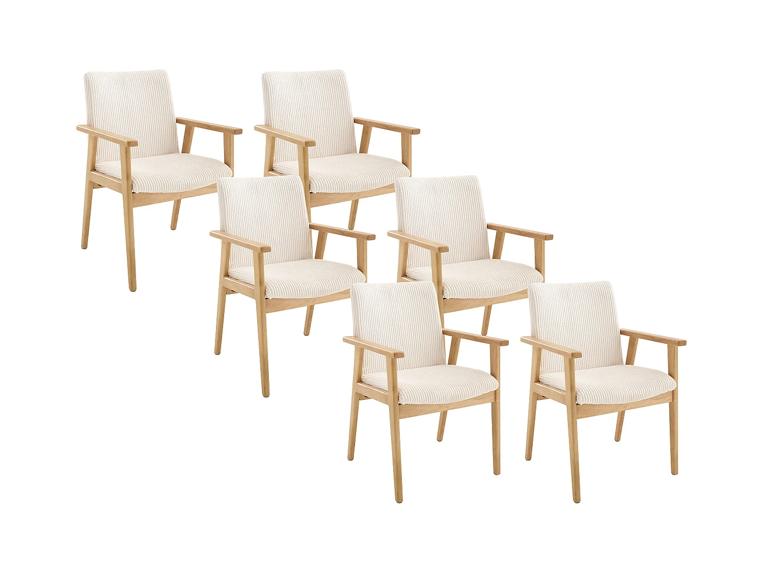 Lot de 6 chaises avec accoudoirs en velours côtelé et bois d'hévéa - Crème - FILDON