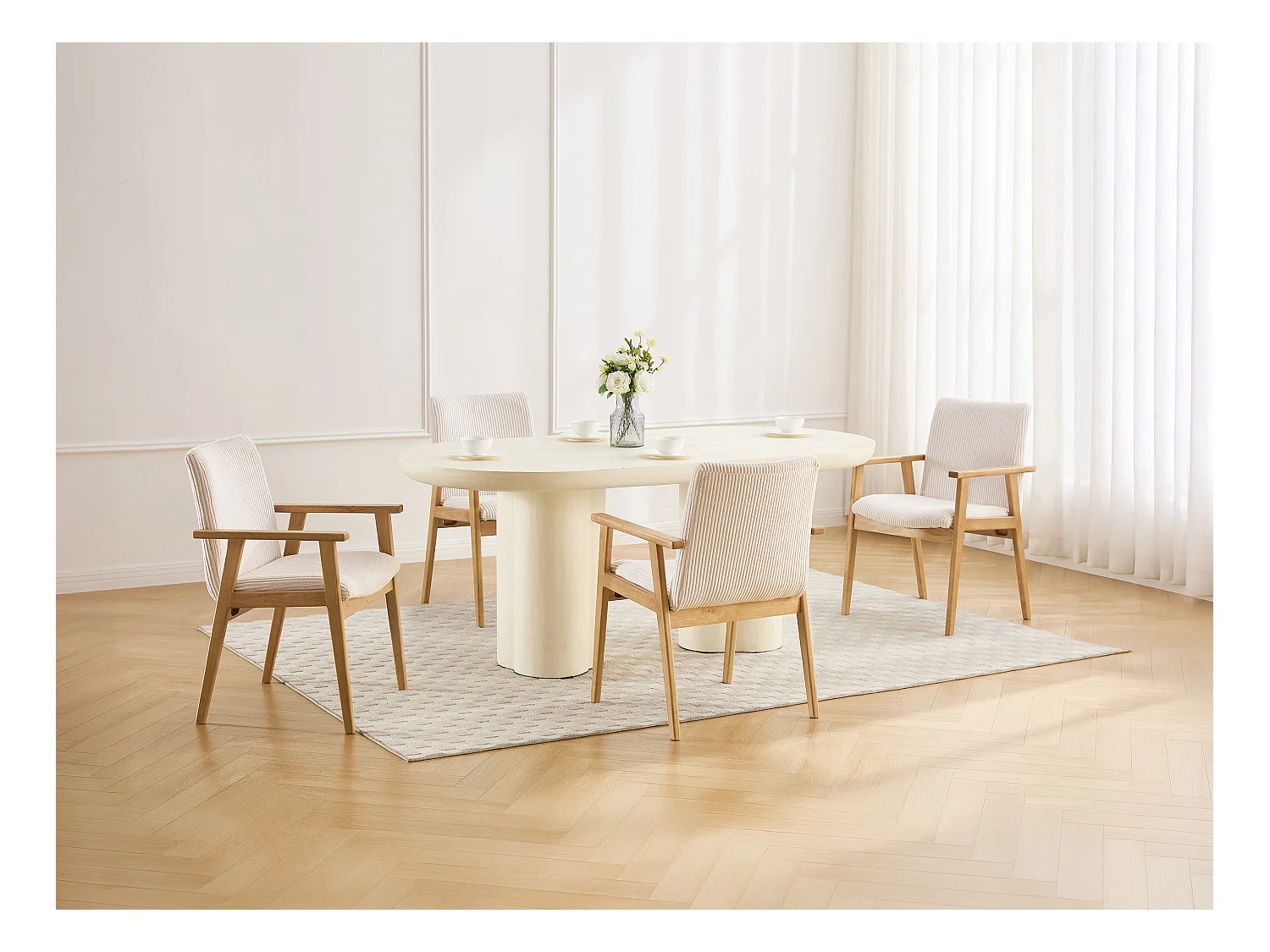 Lot de 6 chaises avec accoudoirs en velours côtelé et bois d'hévéa - Crème - FILDON