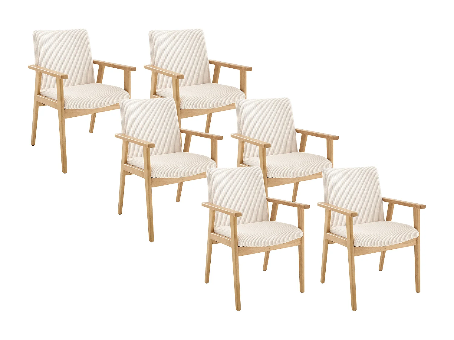 Lot de 6 chaises avec accoudoirs en velours côtelé et bois d'hévéa - Crème - FILDON