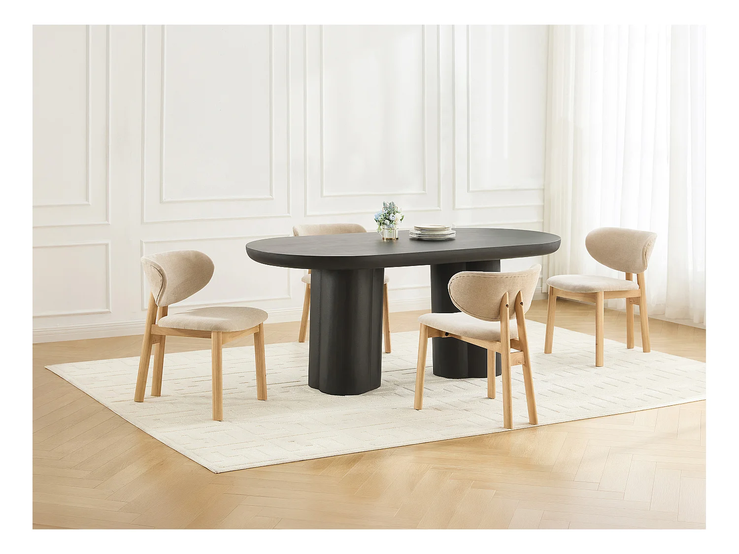 Lot de 6 chaises en tissu et bois d'hévéa - Beige - FALDRA