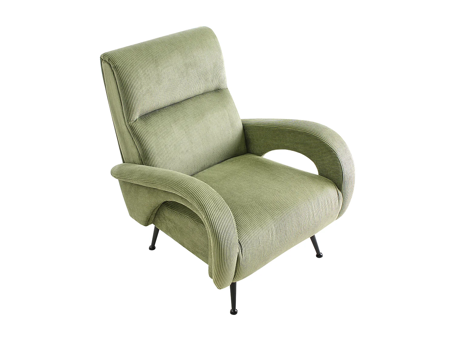 Sessel aus Cord grün mit schwarzen Beinen Retro Stil Svalov