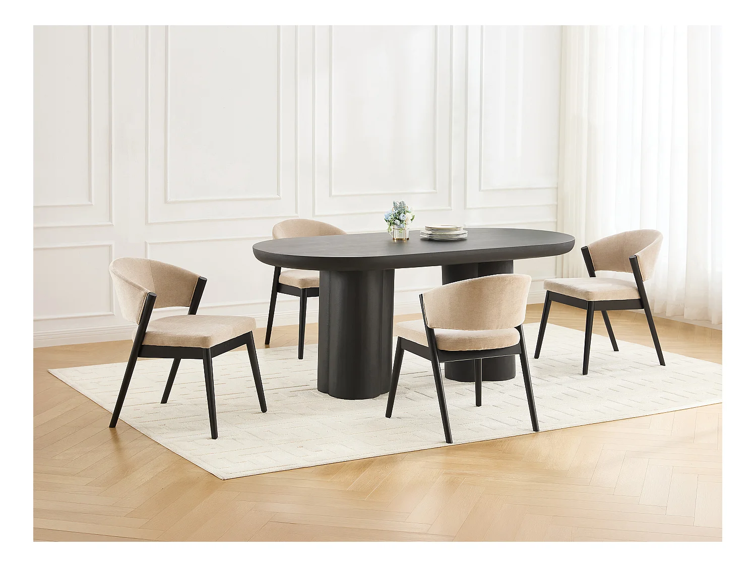 Lot de 6 chaises en tissu et bois d'hévéa noir - Beige - ZELVYN