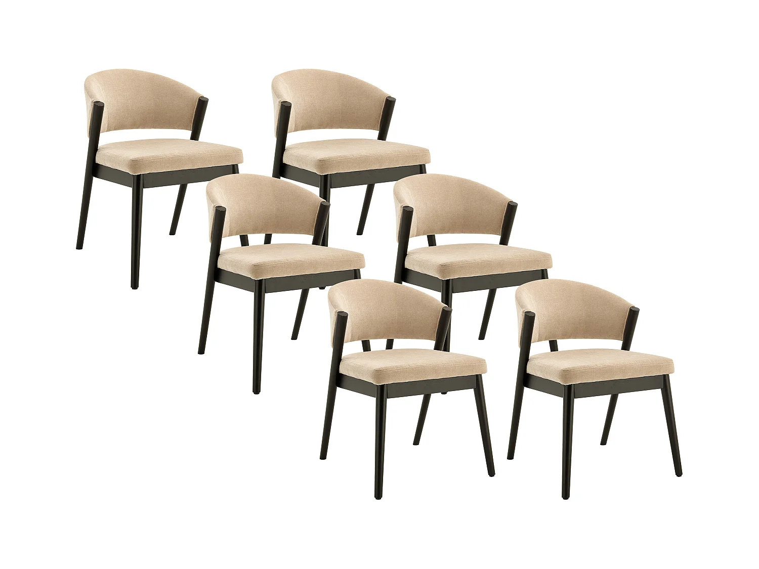 Lot de 6 chaises en tissu et bois d'hévéa noir - Beige - ZELVYN