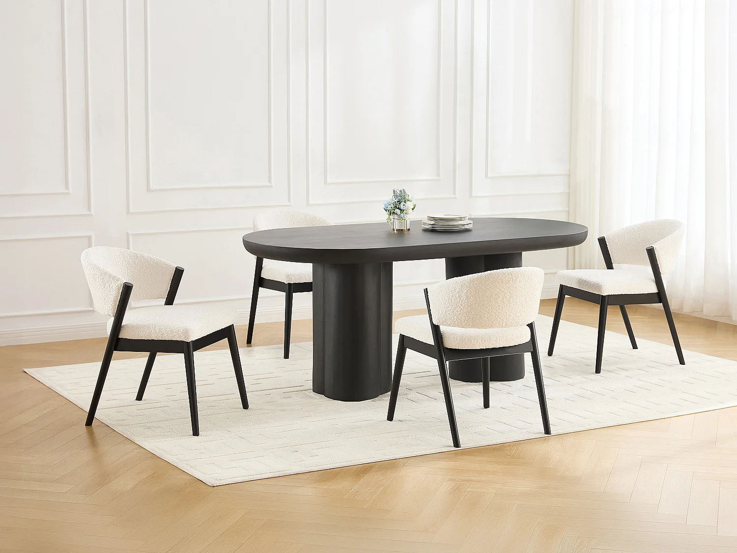 Lot de 6 chaises en tissu bouclette et bois d'hévéa noir - Blanc - ZELVYN