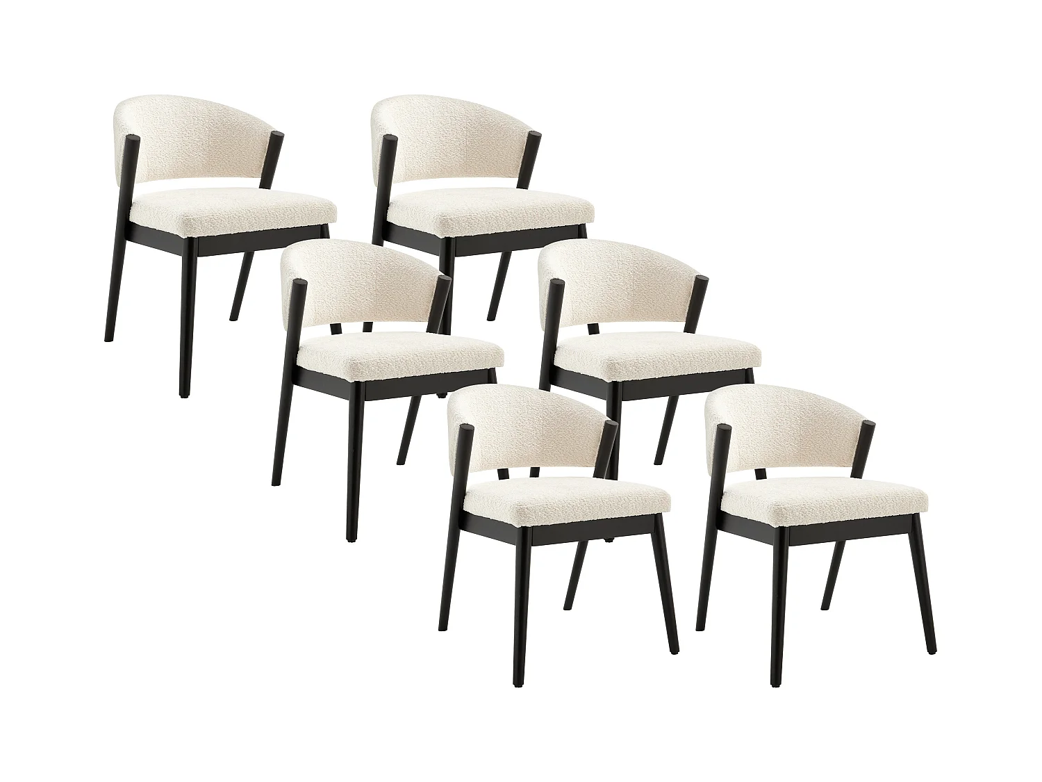 Lot de 6 chaises en tissu bouclette et bois d'hévéa noir - Blanc - ZELVYN