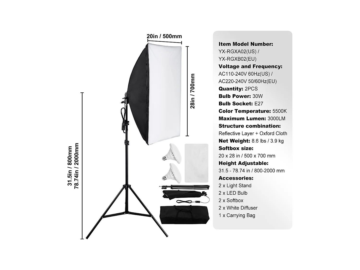 Kit d'Éclairage Softbox SucceBuy, 51 x 71 CM, Ampoules LED 30 W 5 500 K, Support Réglable