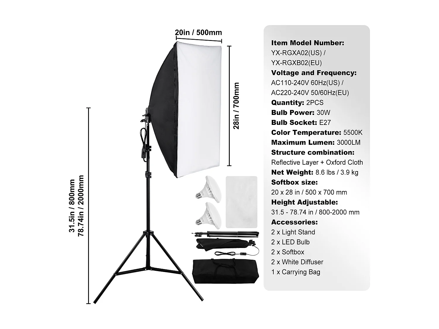 Kit d'Éclairage Softbox SucceBuy, 51 x 71 CM, Ampoules LED 30 W 5 500 K, Support Réglable