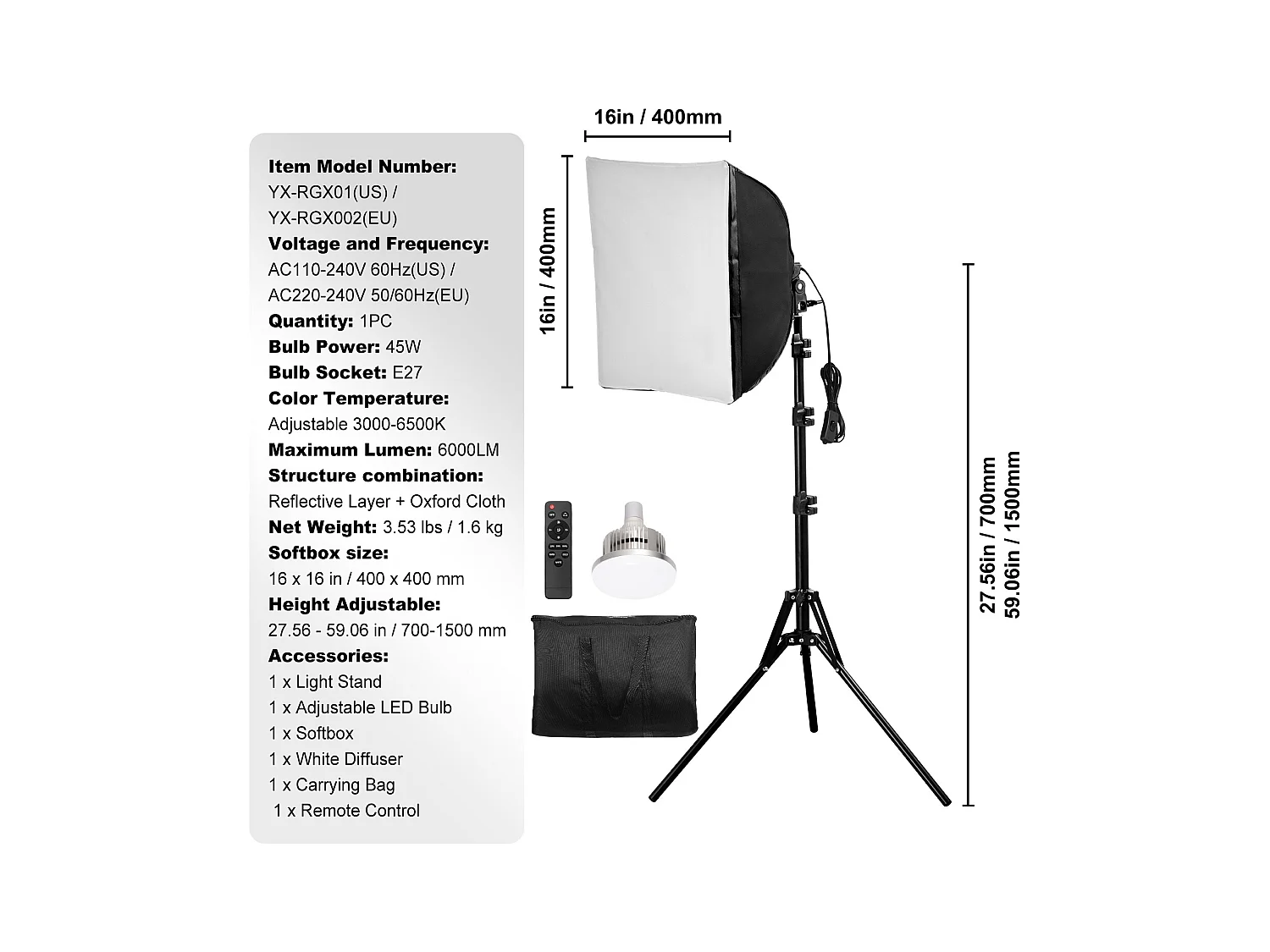 Kit d'Éclairage Softbox SucceBuy, 41 x 41 CM, 3000-6500K Réglable pour la Prise de Vue