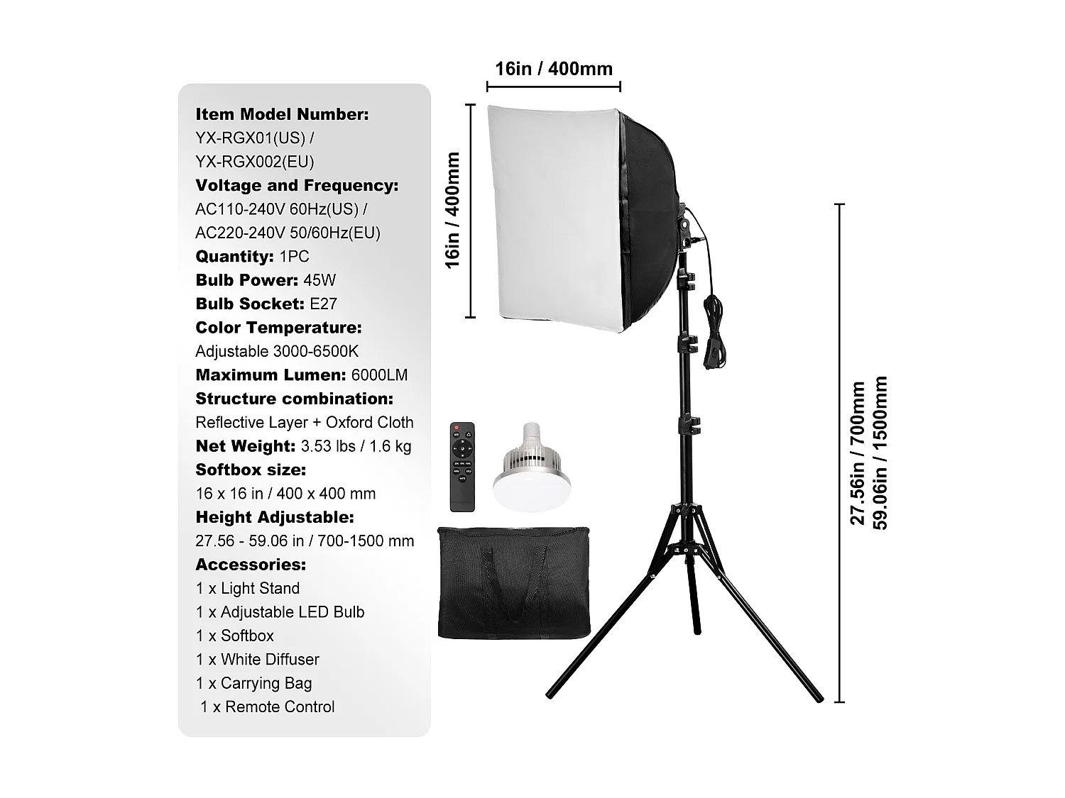 Beleuchtungskit Softbox SucceBuy, 41 x 41 Cm, 3000-6500K Regelbar für die Fotografie