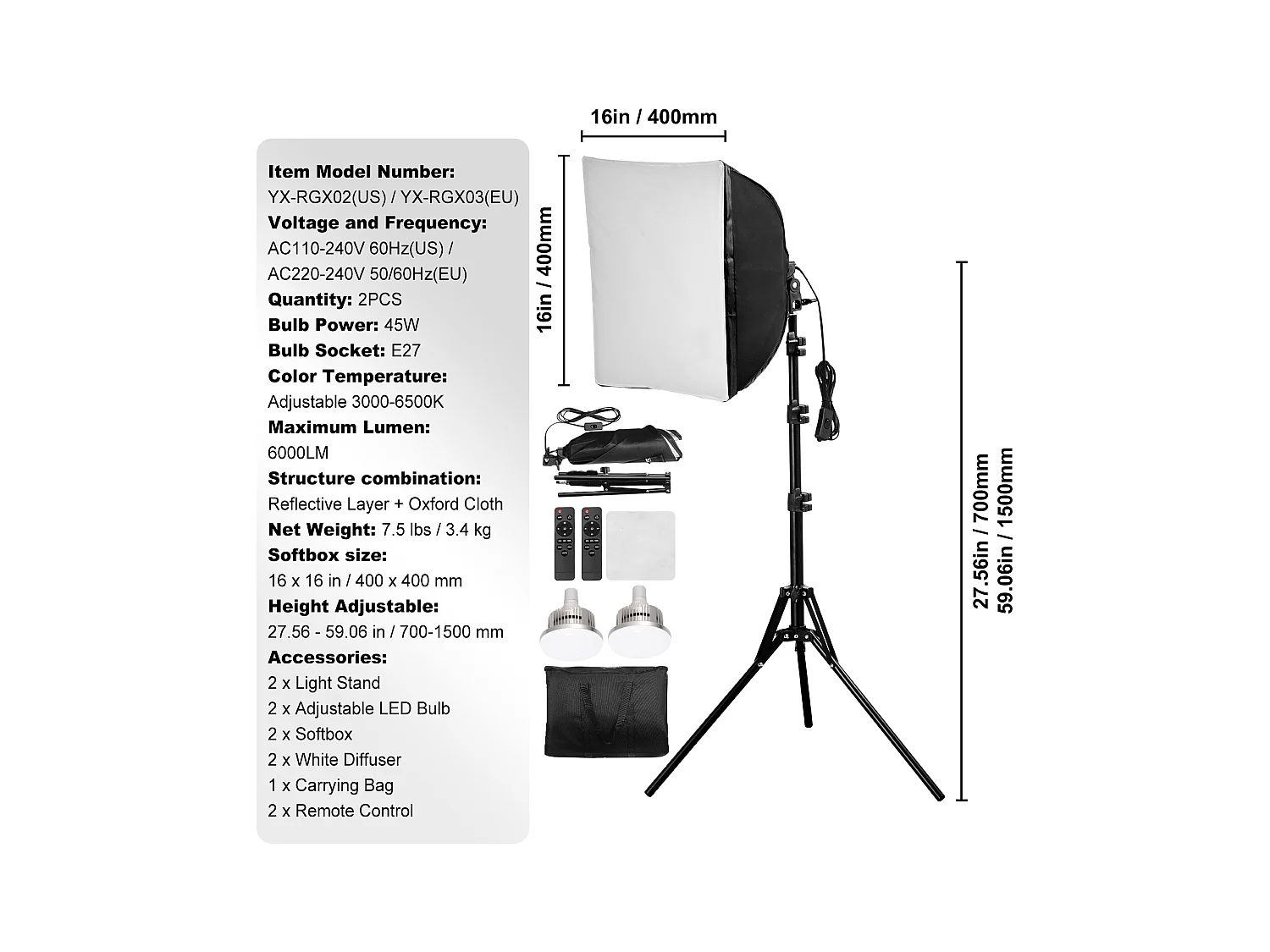 Kit d'Éclairage Softbox SucceBuy 41 x 41 cm Professionnel avec Ampoules LED 45W, Température de Couleur 3000-6500K, Trépied, Télécommande