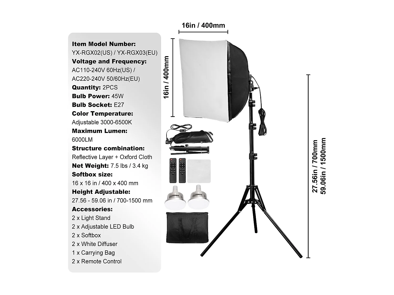 Kit d'Éclairage Softbox SucceBuy 41 x 41 cm Professionnel avec Ampoules LED 45W, Température de Couleur 3000-6500K, Trépied, Télécommande