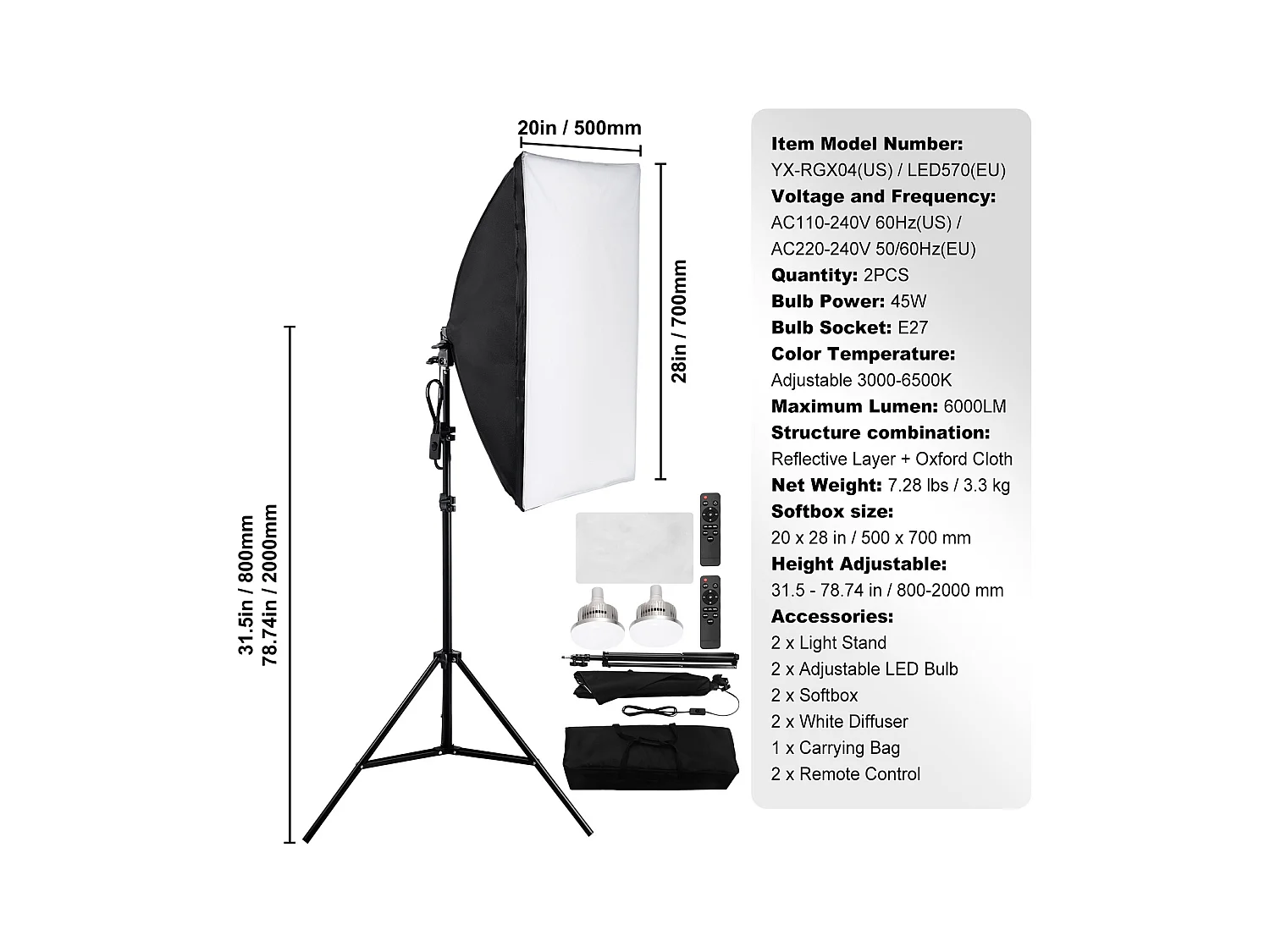 Kit d'Éclairage Softbox SucceBuy 50.8 x 71.1cm, LED 45W, 3000-6500 K, Trépied, Télécommande, pour Photos et Streaming