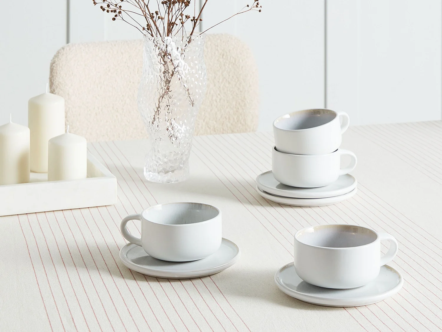 Set of 8 Cups with Saucers SESAME Stoneware Off-White