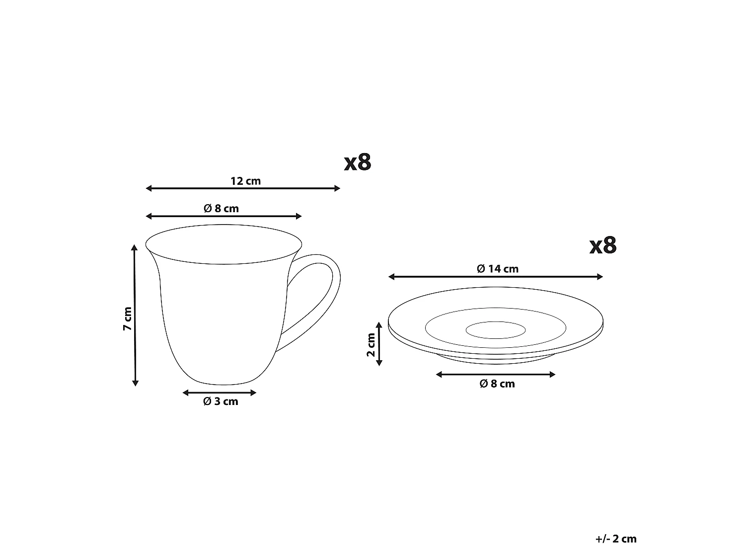 Set of 8 Cups with Saucers ELDERBERRY Porcelain White