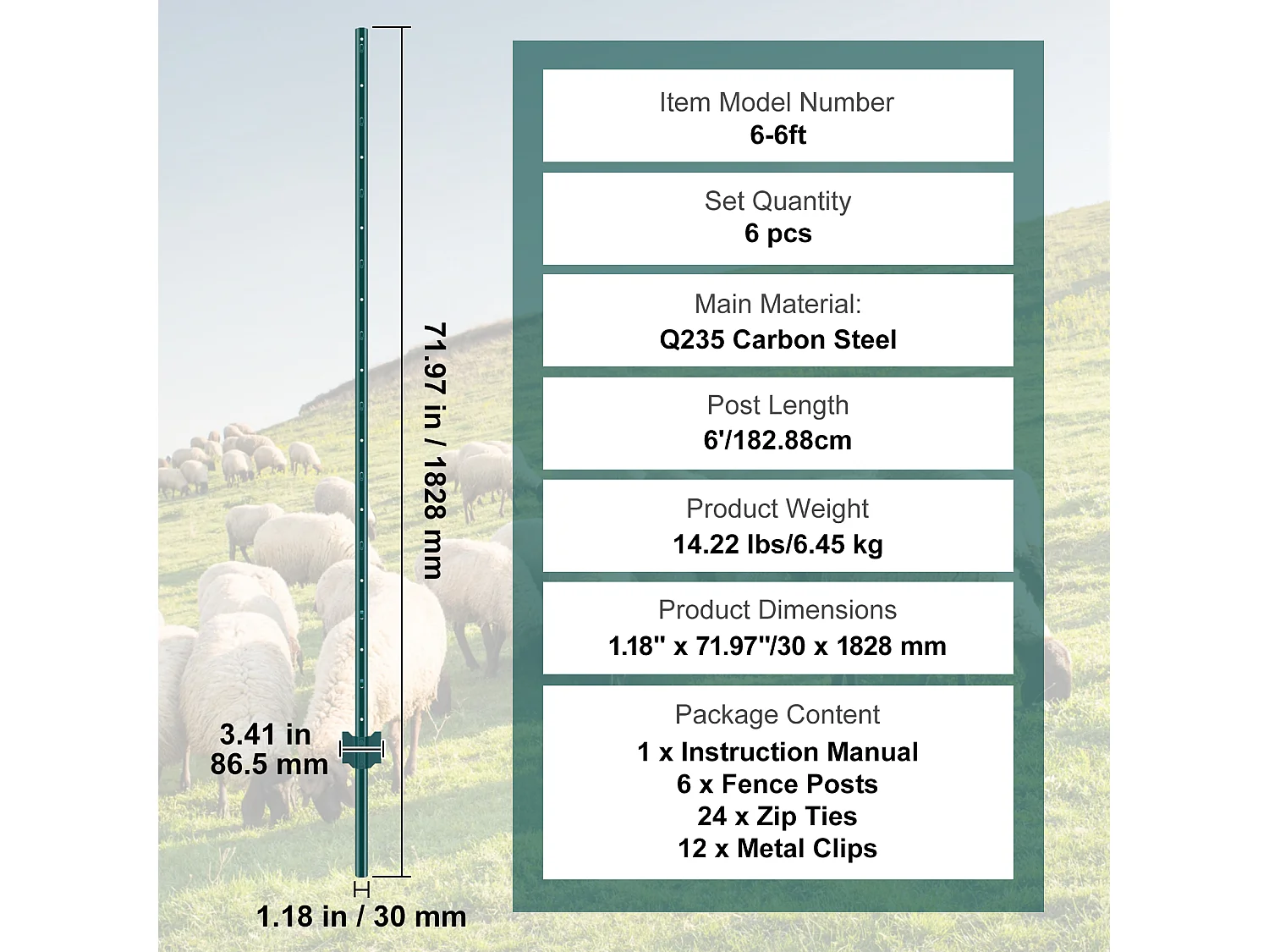 Metalen Paaltjeshek SucceBuy Verpakking van 6 Groene T-palen van 1,8 m - Zwaar voor Buitenomheiningen. Deze Palen Zijn Gemaakt van 2 mm Dik Q235 Koolstofstaal