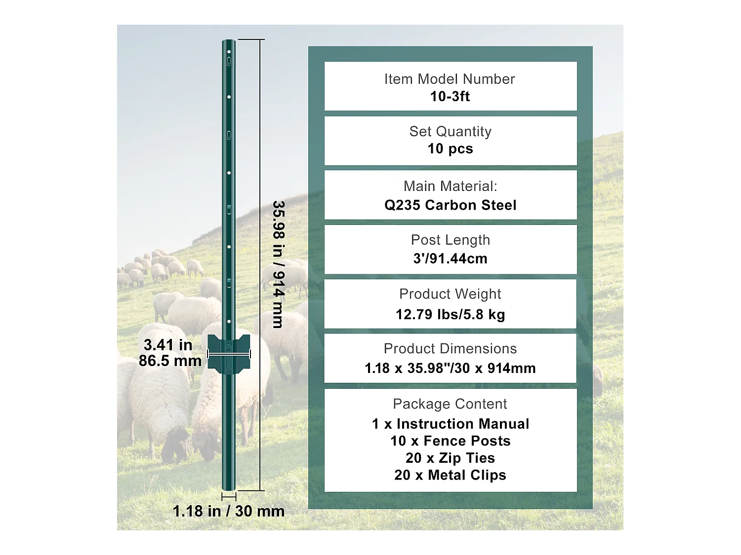 Cloture en Metal Piquets SucceBuy Lot de 10 Poteaux de Clôture en Métal Robuste de 91.44 cm, Vert