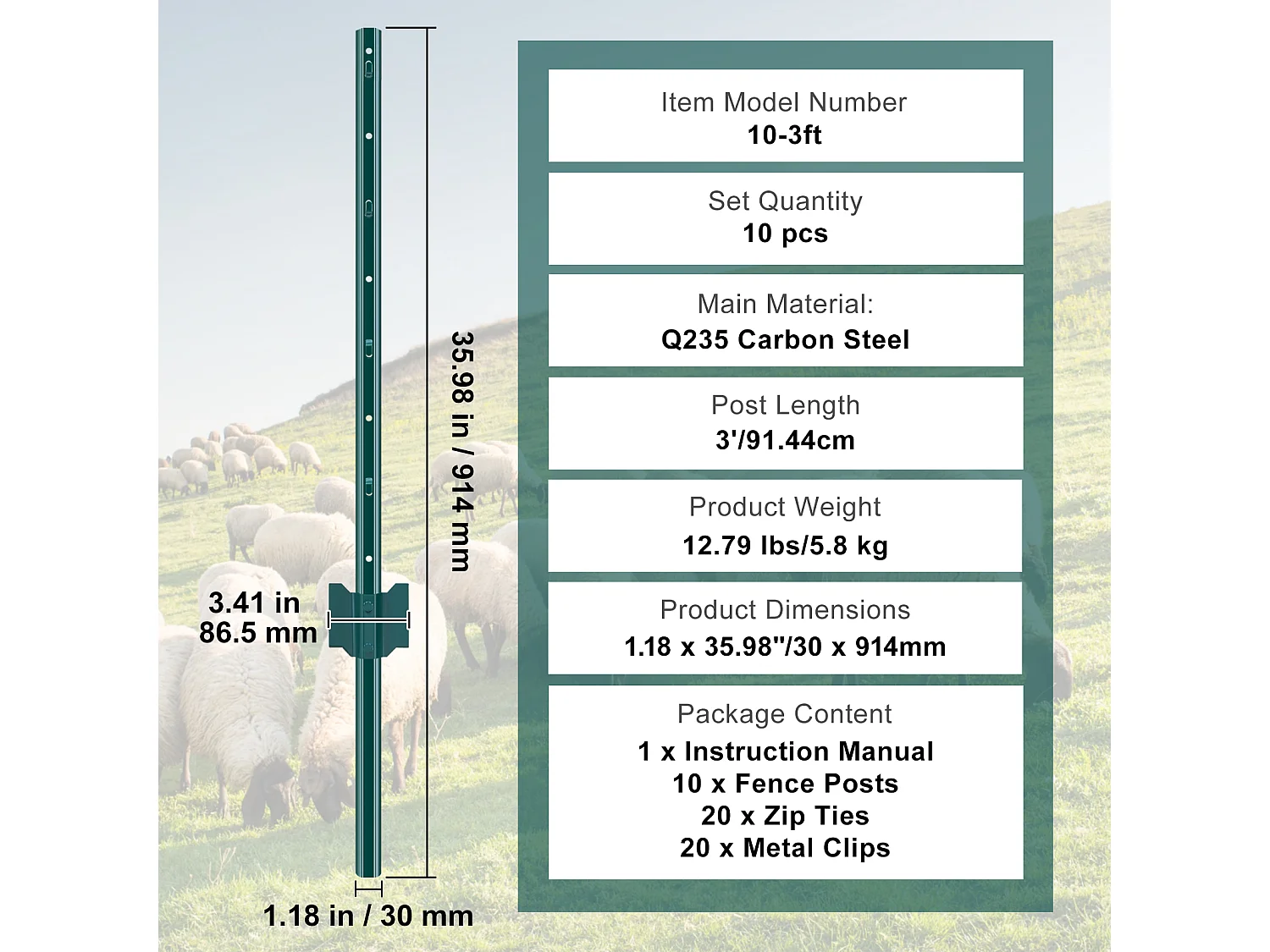 Metalen Paaltjeshek SucceBuy 91,5 cm Hekpalen, 10 Stuks, Zware Metalen T-palen voor Tuinen, Erven, Boerderijen, Groen, Acier au Carbone Q235