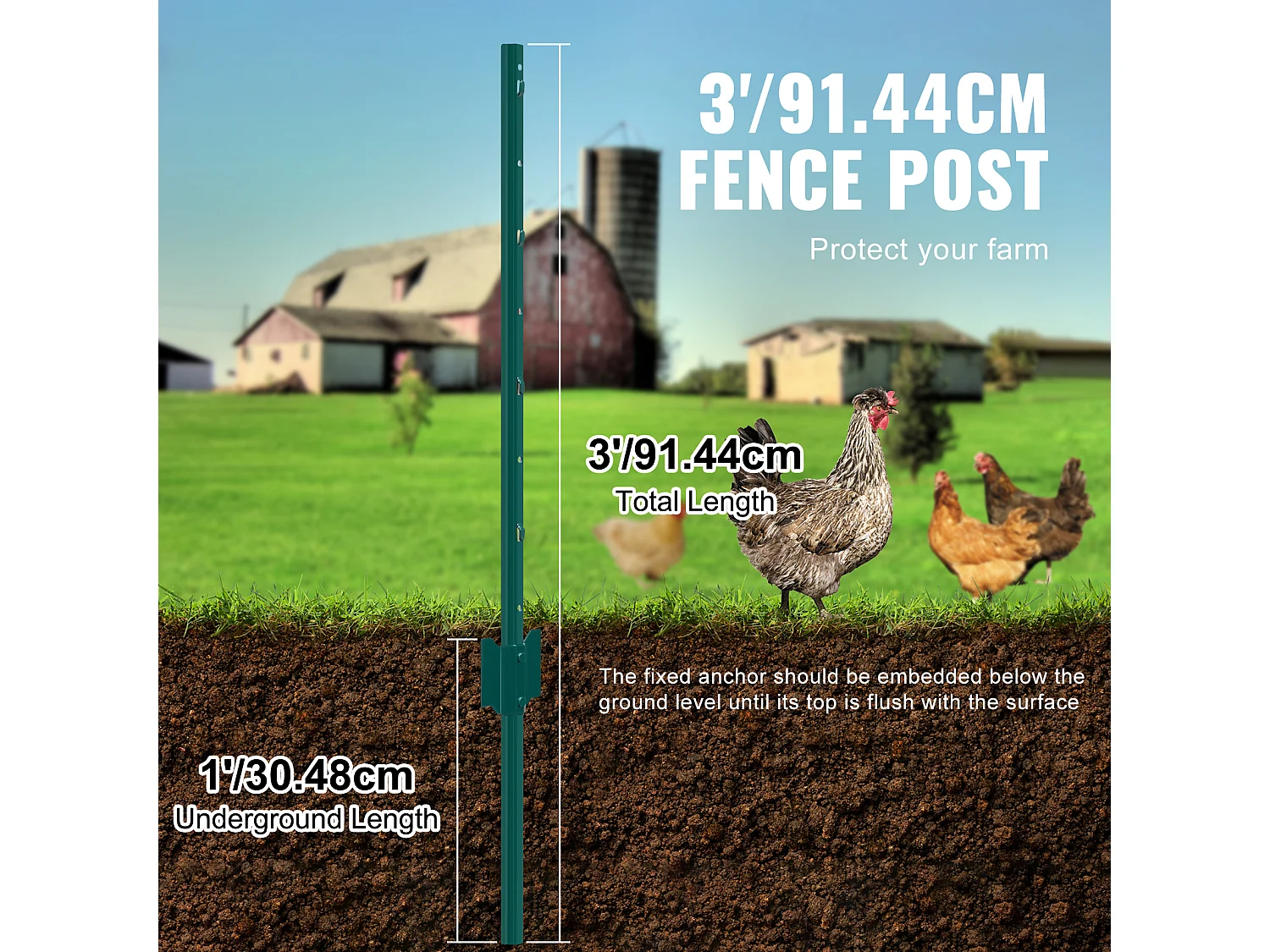Metalen Paaltjeshek SucceBuy 91,5 cm Hekpalen, 10 Stuks, Zware Metalen T-palen voor Tuinen, Erven, Boerderijen, Groen, Acier au Carbone Q235