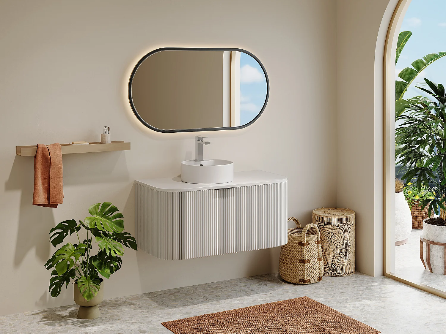 Mobile per bagno sospeso con scanalature e lavabo da appoggio 100 cm Bianco opaco - LOMERI