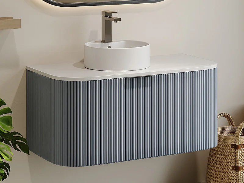 Meuble de salle de bain suspendu strié avec vasque à poser - Bleu mat - 100 cm - LOMERI