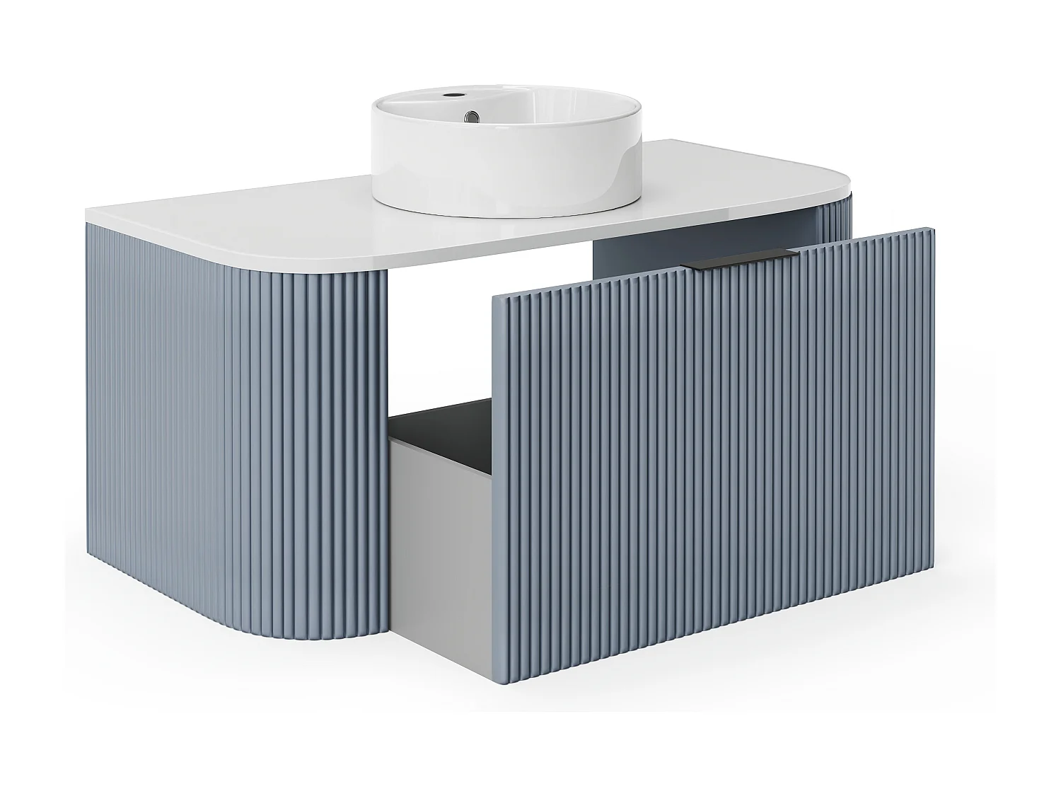 Meuble de salle de bain suspendu strié avec vasque à poser - Bleu mat - 100 cm - LOMERI