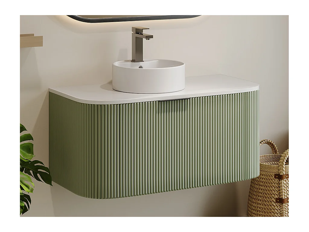 Hengende baderumsmøbel med riflet overflate med servant - mattgrønn - 100 cm - LOMERI