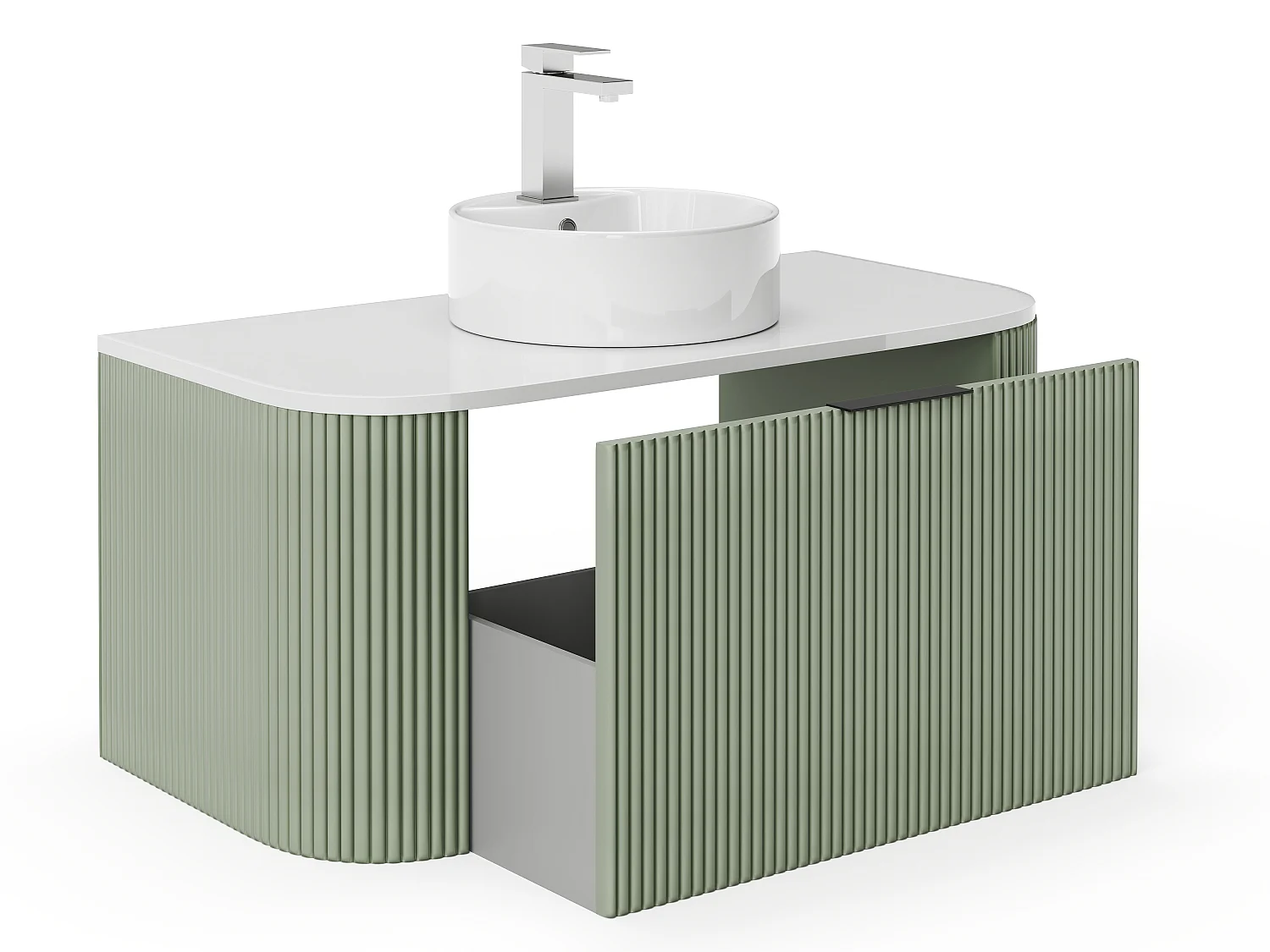 Meuble de salle de bain suspendu strié avec vasque à poser - Vert mat - 100 cm - LOMERI