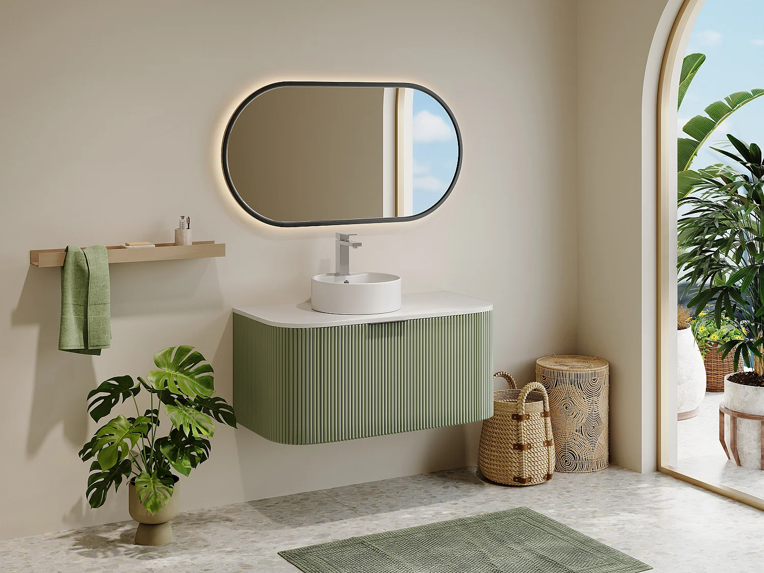 Mobile per bagno sospeso con scanalature e lavabo da appoggio 100 cm Verde opaco - LOMERI