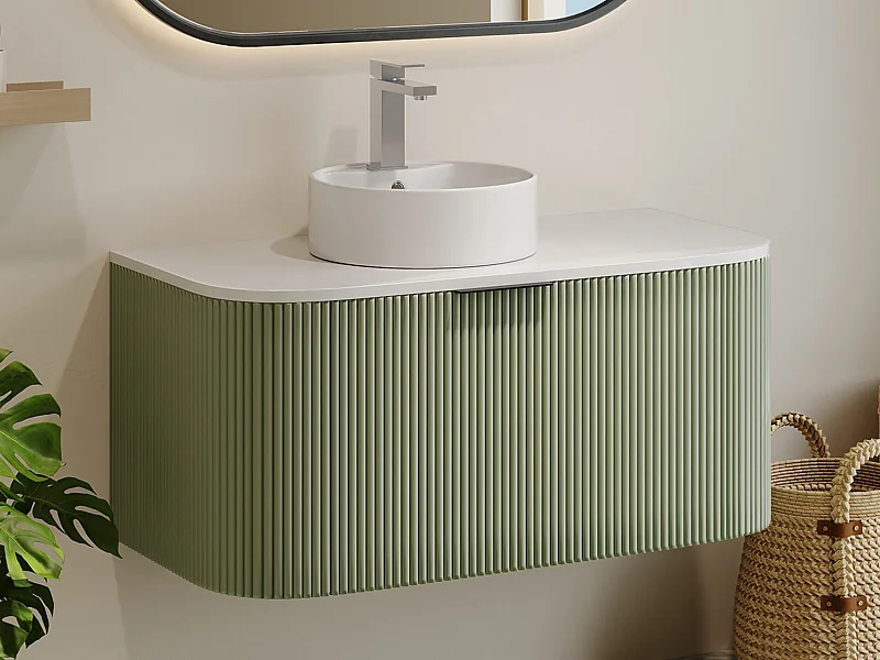 Mobile per bagno sospeso con scanalature e lavabo da appoggio 100 cm Verde opaco - LOMERI