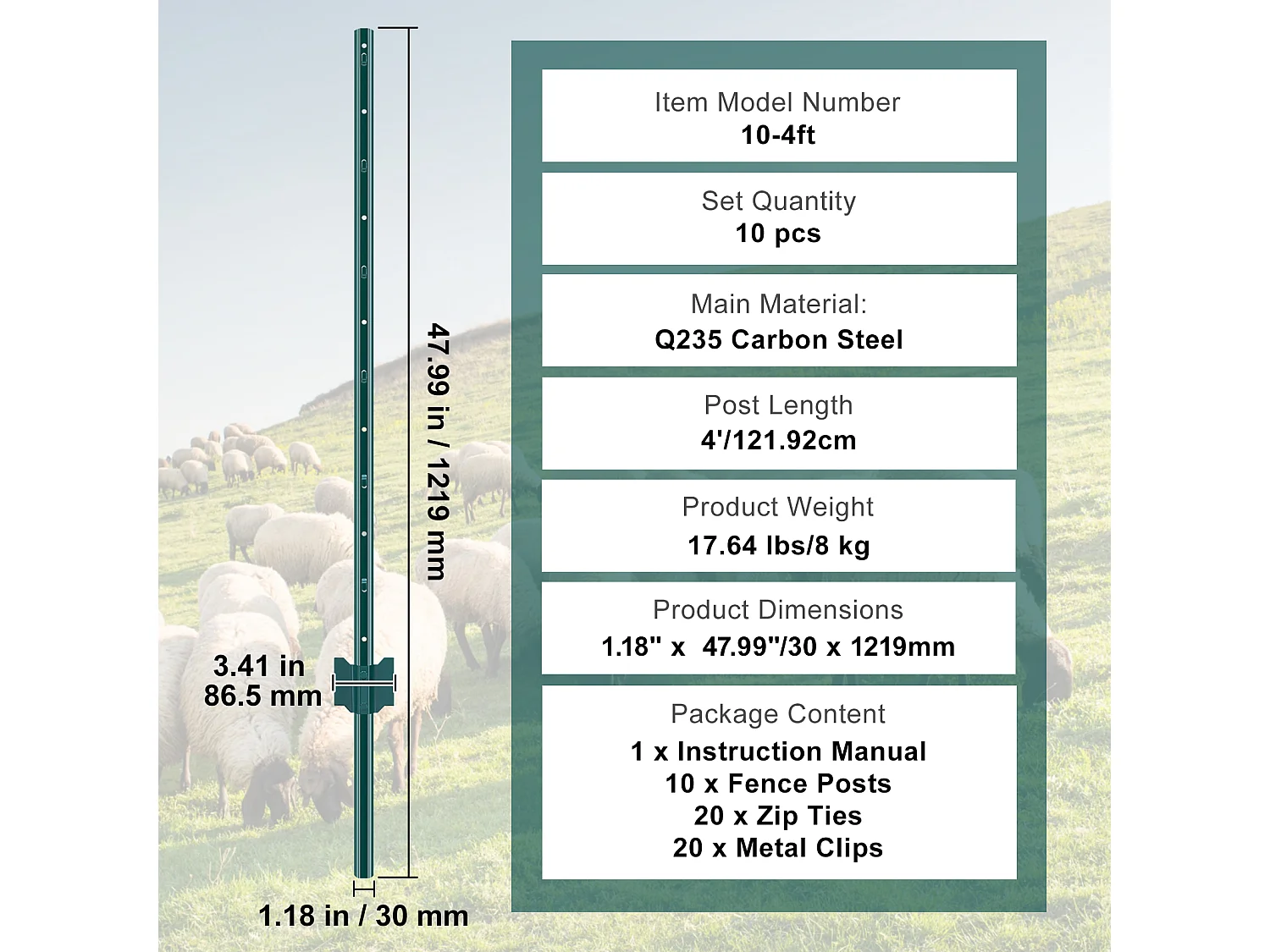 Metalen Paaltjeshek SucceBuy 121.92 cm Hek T-Palen, 10 Stuks Zware Metalen Hekpalen, Groen