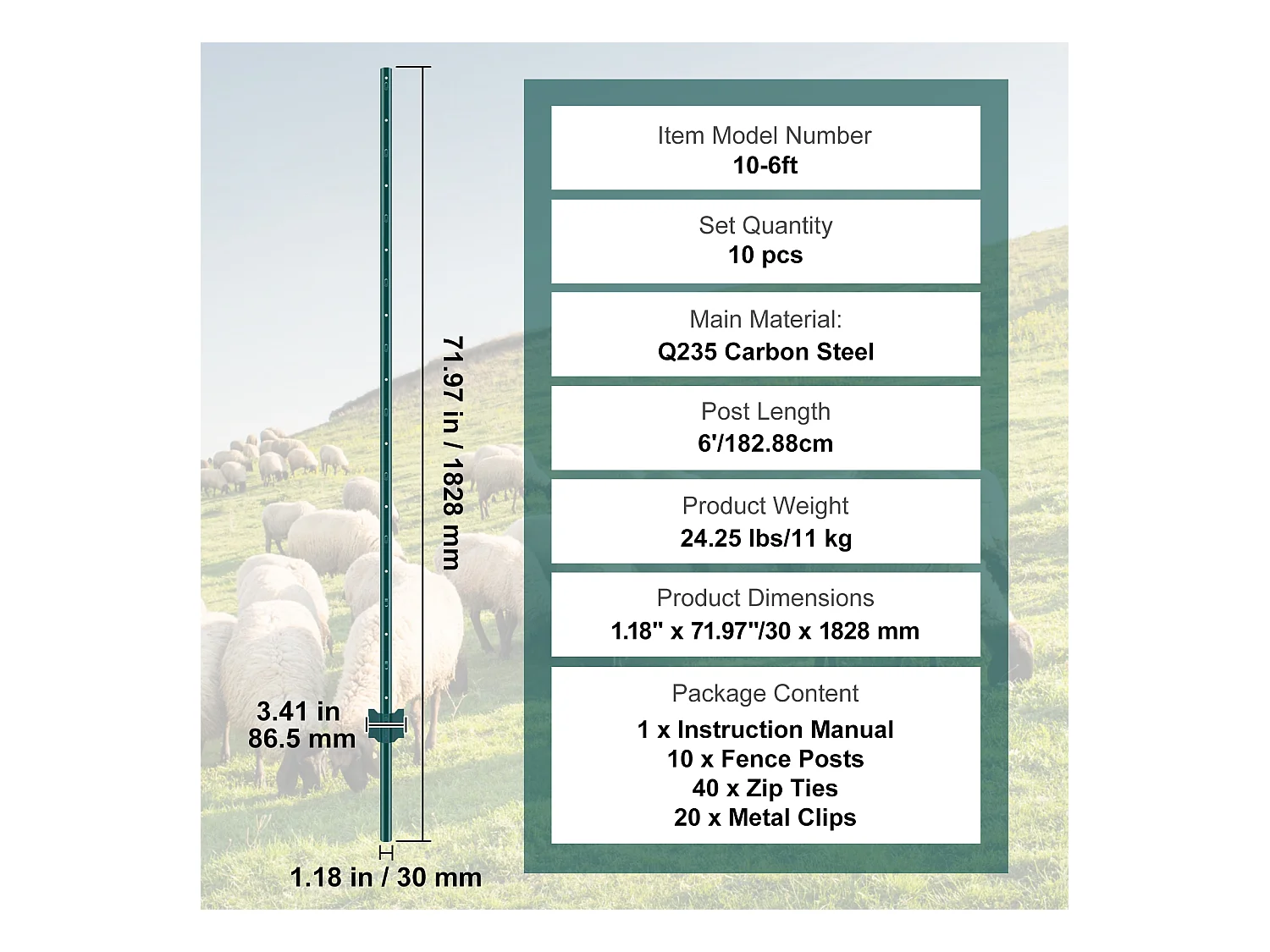 Cloture en Metal Piquets SucceBuy Lot de 10 Poteaux de Clôture en T Verts de 182.88 cm