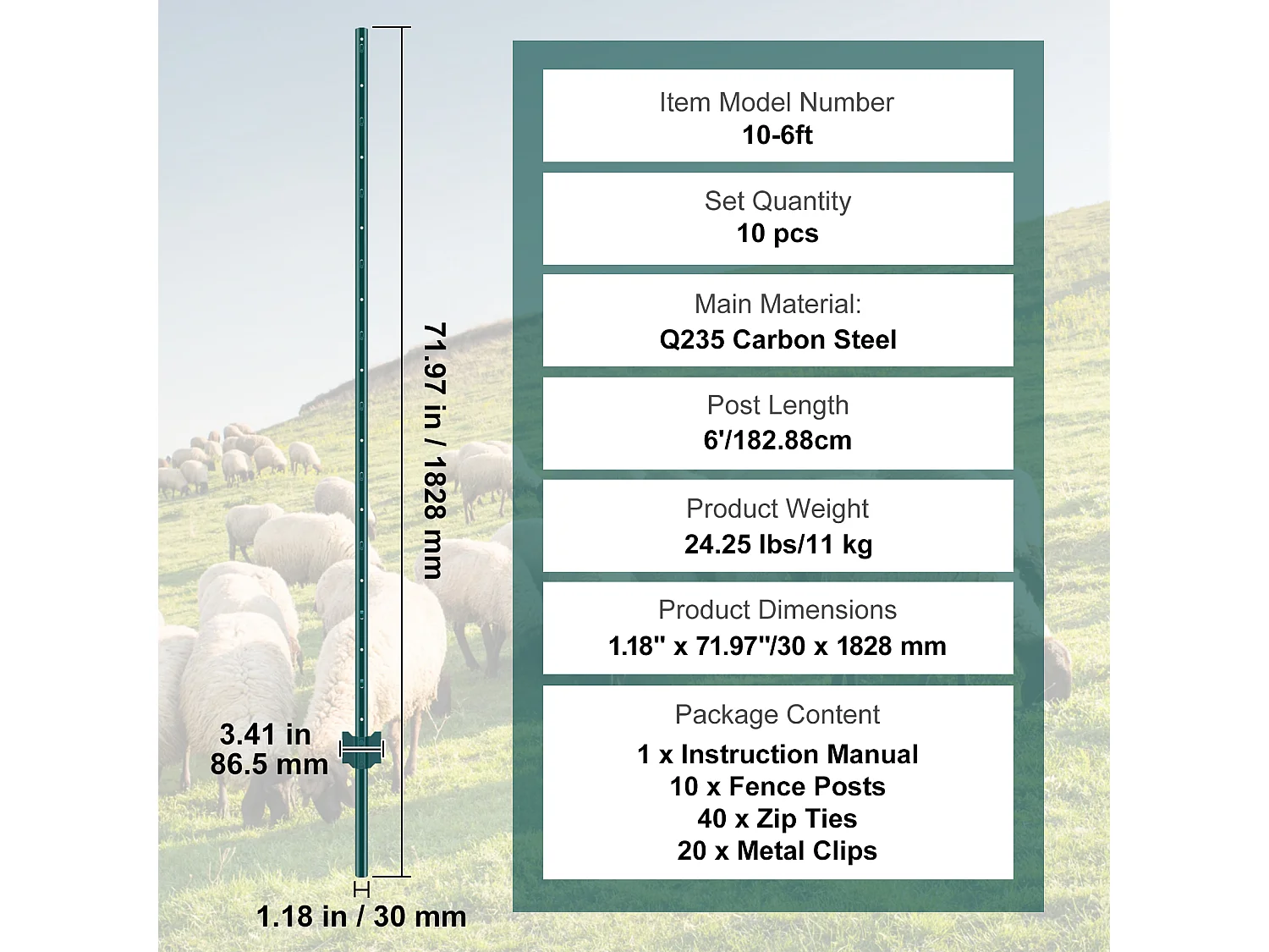 Cloture en Metal Piquets SucceBuy Lot de 10 Poteaux de Clôture en T Verts de 182.88 cm