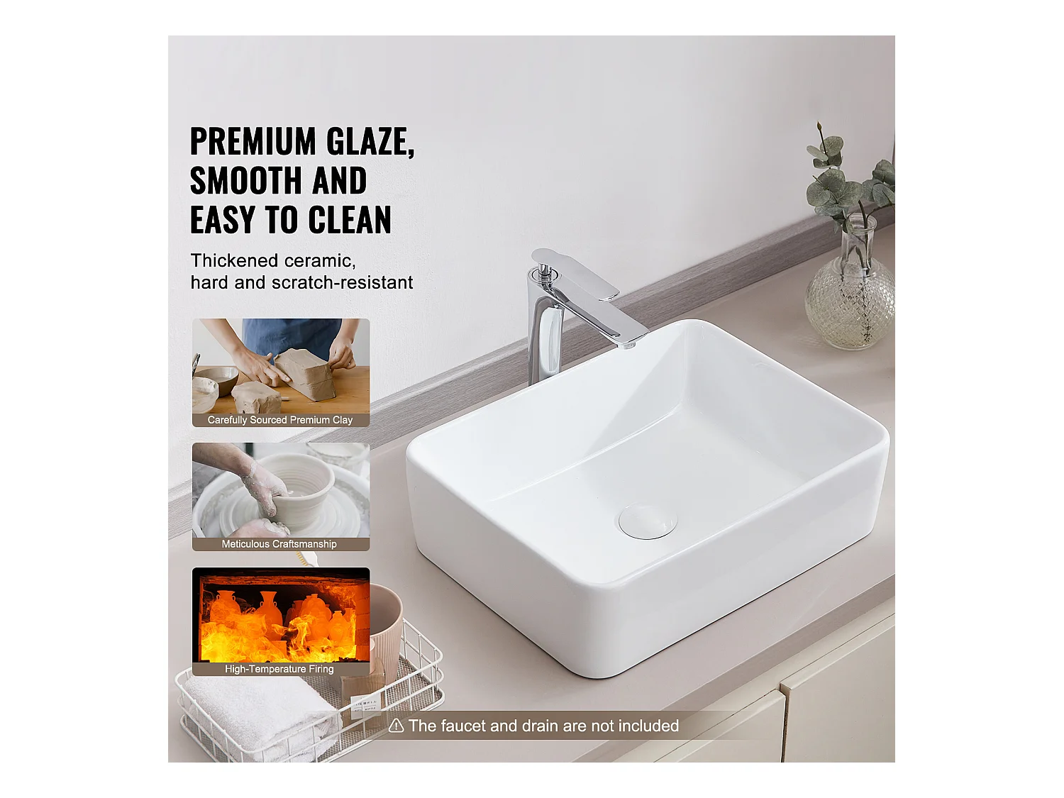 Lavabo de Salle de Bain SucceBuy, 48 x 37 cm, Blanc Moderne , pour Salle de Bain, Hôtel, Toilettes, Camping-Car