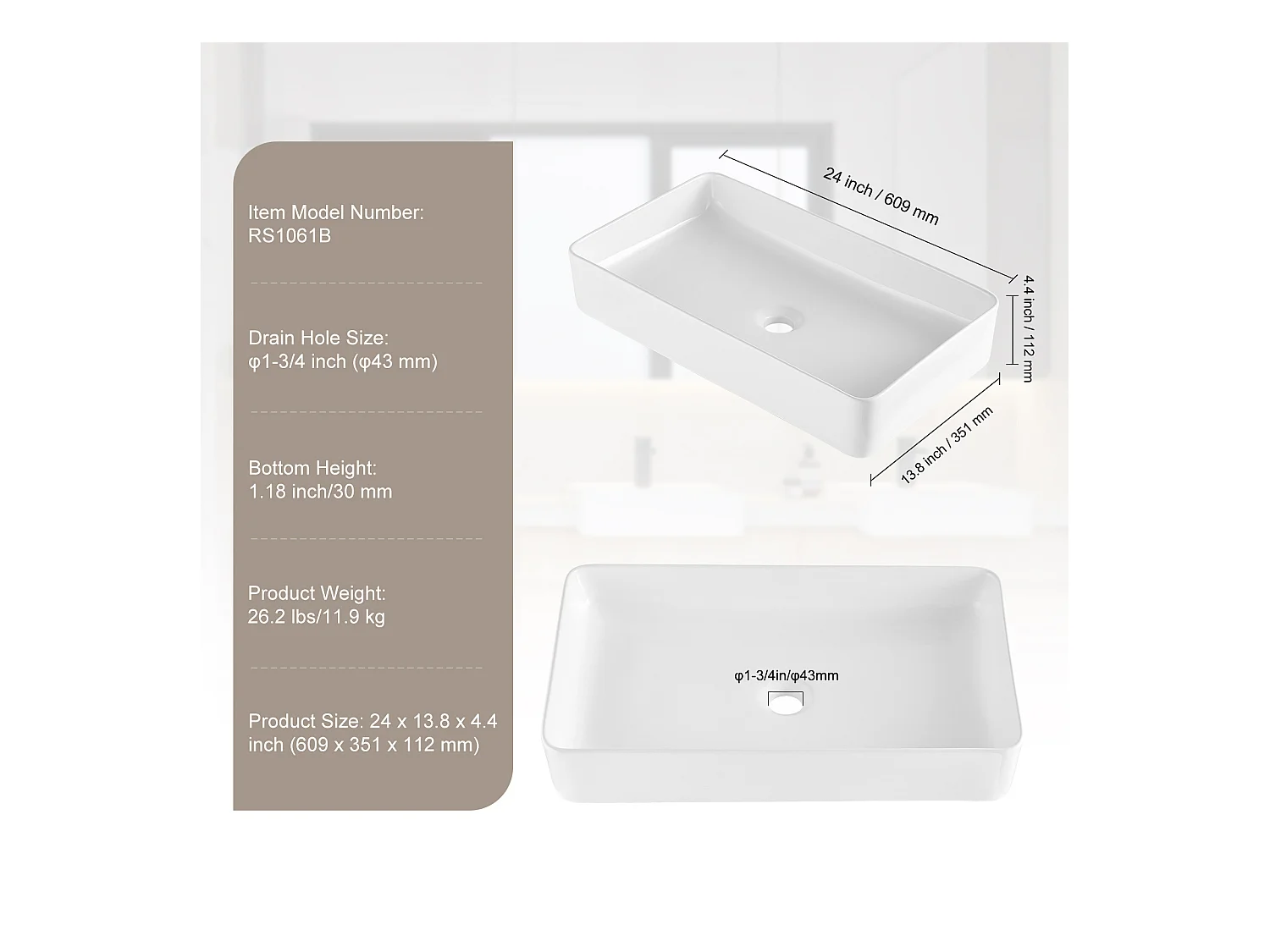 Lavabo de Salle de Bain SucceBuy, 61 x 35 cm, Blanc Moderne, pour Salle de Bain, Hôtel, Toilettes, Camping-Car
