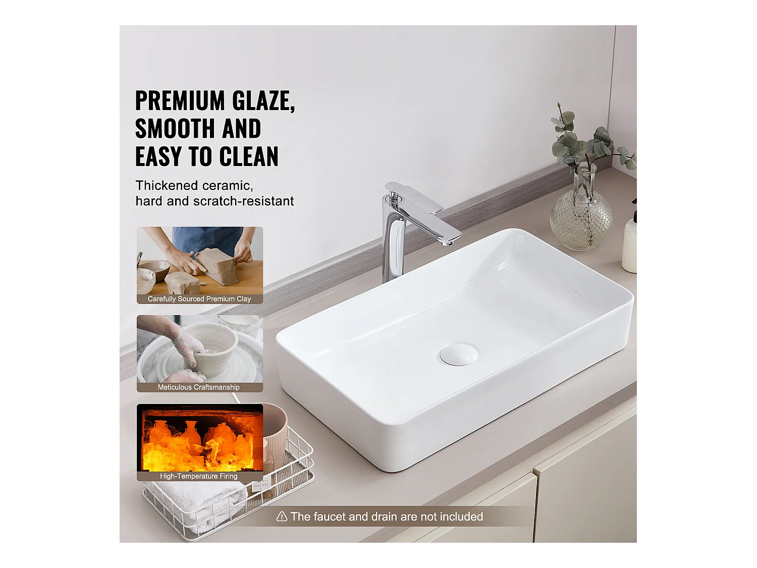 Lavabo de Salle de Bain SucceBuy, 61 x 35 cm, Blanc Moderne, pour Salle de Bain, Hôtel, Toilettes, Camping-Car