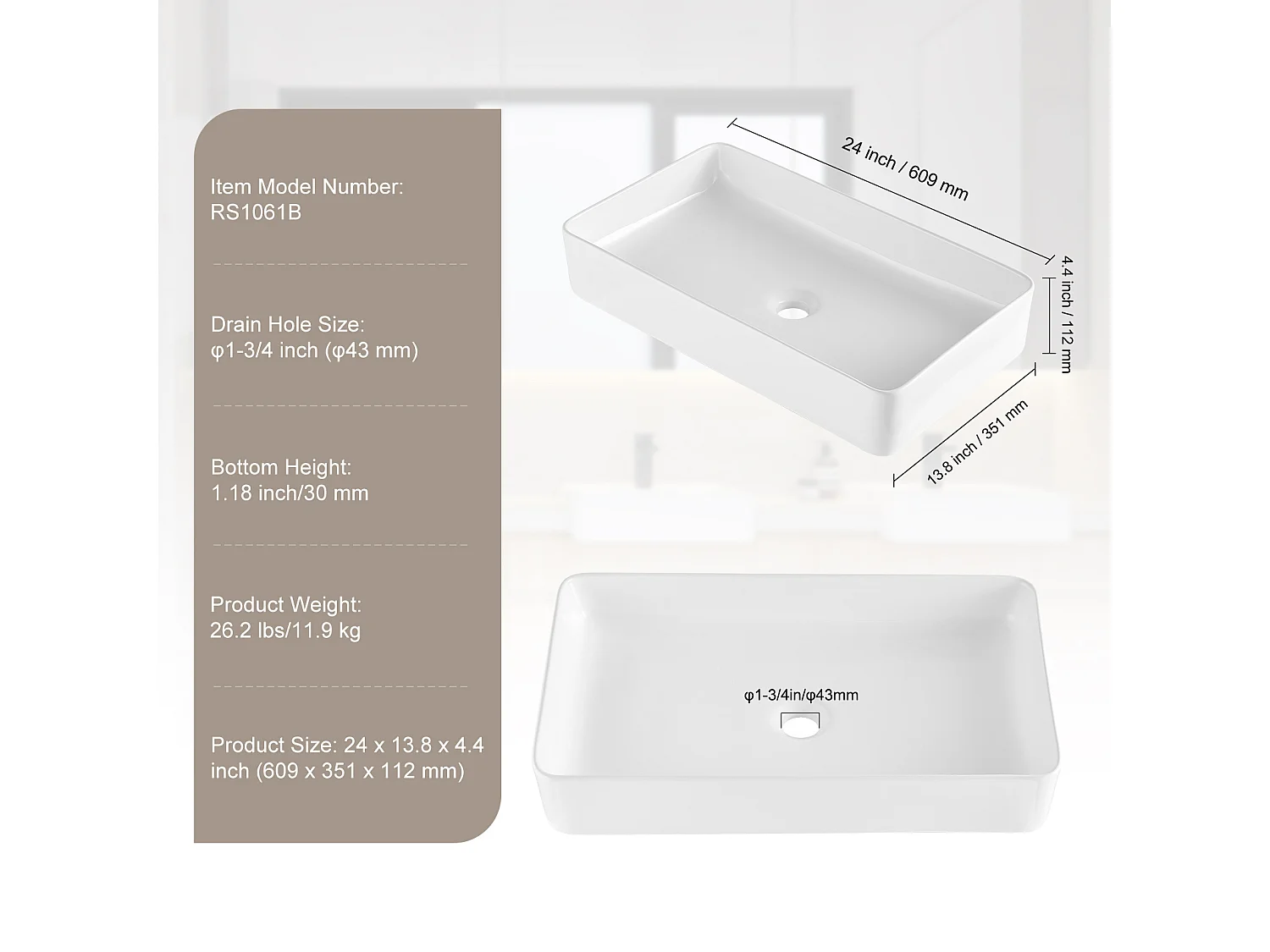 Badkamerwasbak SucceBuy, 61 x 35 cm, Modern Wit, voor Badkamer, Hotel, Toilet, Camper