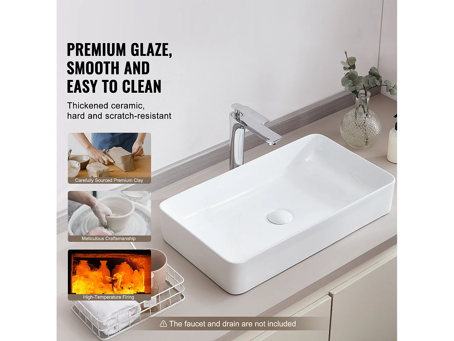 Badkamerwasbak SucceBuy, 61 x 35 cm, Modern Wit, voor Badkamer, Hotel, Toilet, Camper