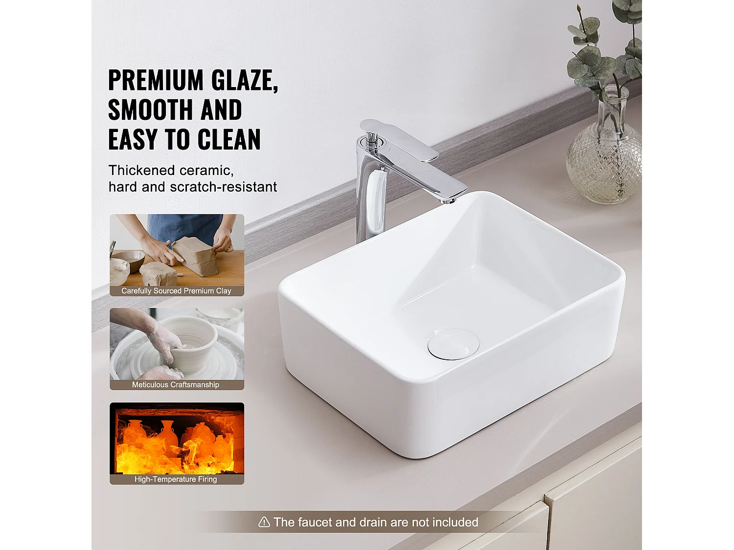 Badkamerwasbak SucceBuy, 41 x 30 cm, Modern Wit, voor Badkamer, Hotel, Toilet, Camper